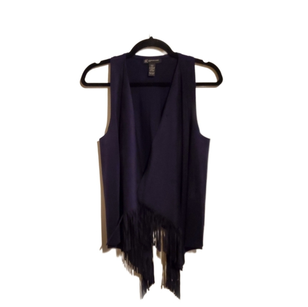 INC BOHO Suede Navy Fringe Vest - Picture 1 of 6